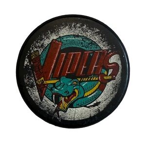 DETROIT VIPERS / IHL BLACK VINTAGE 50TH ANNIVERSARY HOCKEY PUCK WITH LOGO